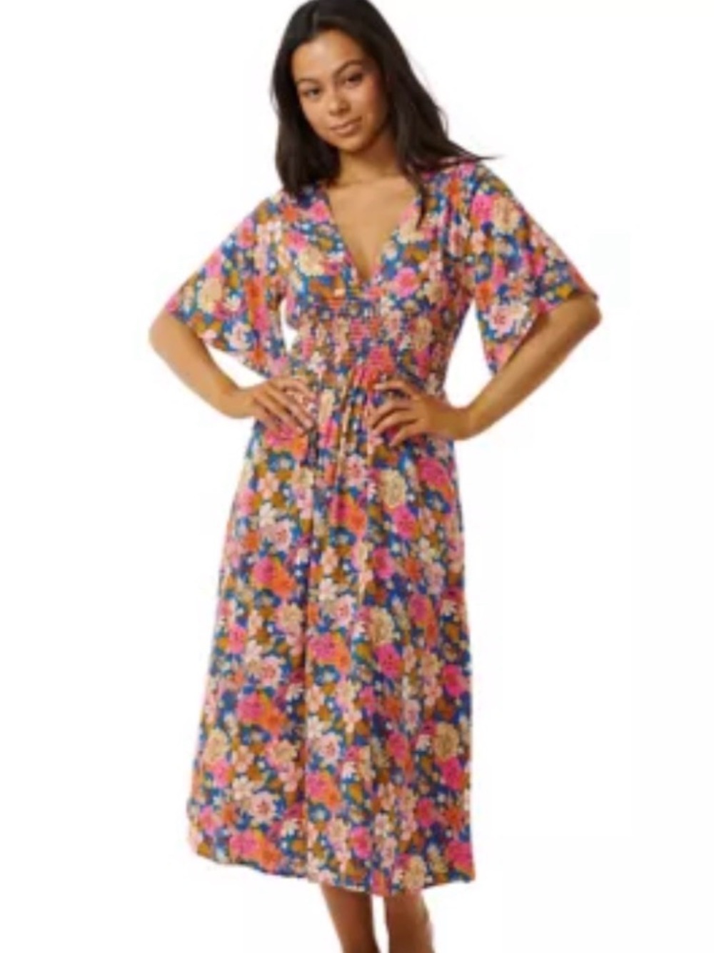 Rip Curl Floral Midi Dress in Pink, Blue and Orange